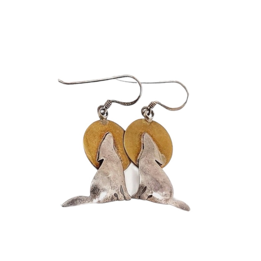 Sterling Silver 925 Stamped RC Handmade Howling Wolf Brass Moon Dangle Earrings